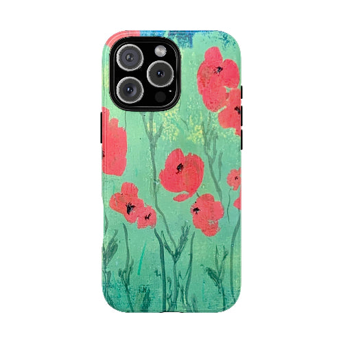 iPhone case w red poppies on green field original artwork by Lisa Johnson Arts in Norwich Vermont