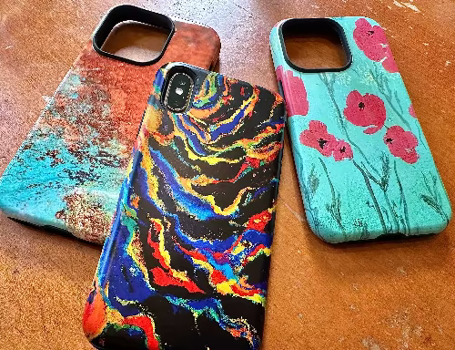 3 iPhone cases w colorful original artwork by Lisa Johnson Arts in Norwich Vermont