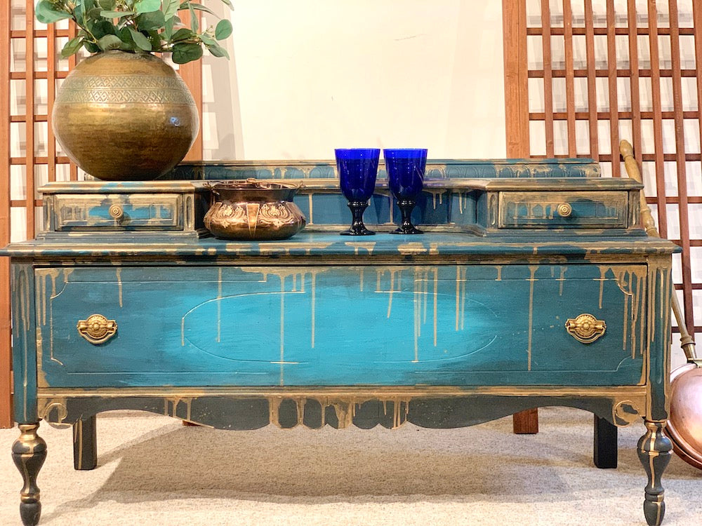 Blue hand-painted antique sideboard or blanket chest with copper dripping down, created by Lisa Johnson Arts Norwich VT