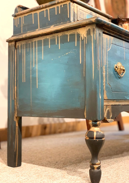 Blue hand-painted antique sideboard, buffet, or blanket chest with copper dripping down, looking at the left hand side, created by Lisa Johnson Arts Norwich VT