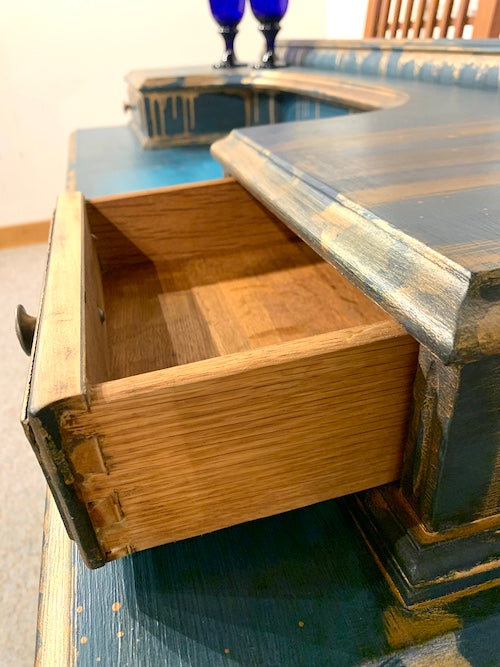 open dovetailed drawer of blue hand-painted antique blanket chest with copper dripping down, created by Lisa Johnson Arts Norwich VT