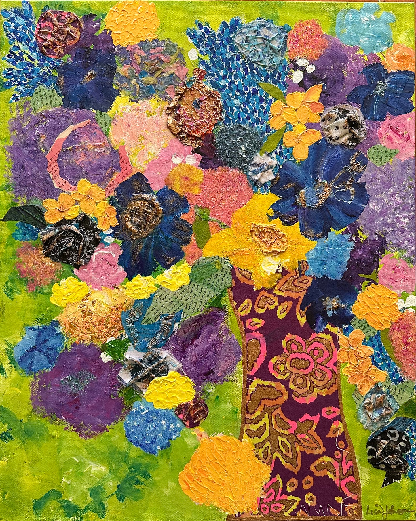 16"x20" Green Multimedia Floral