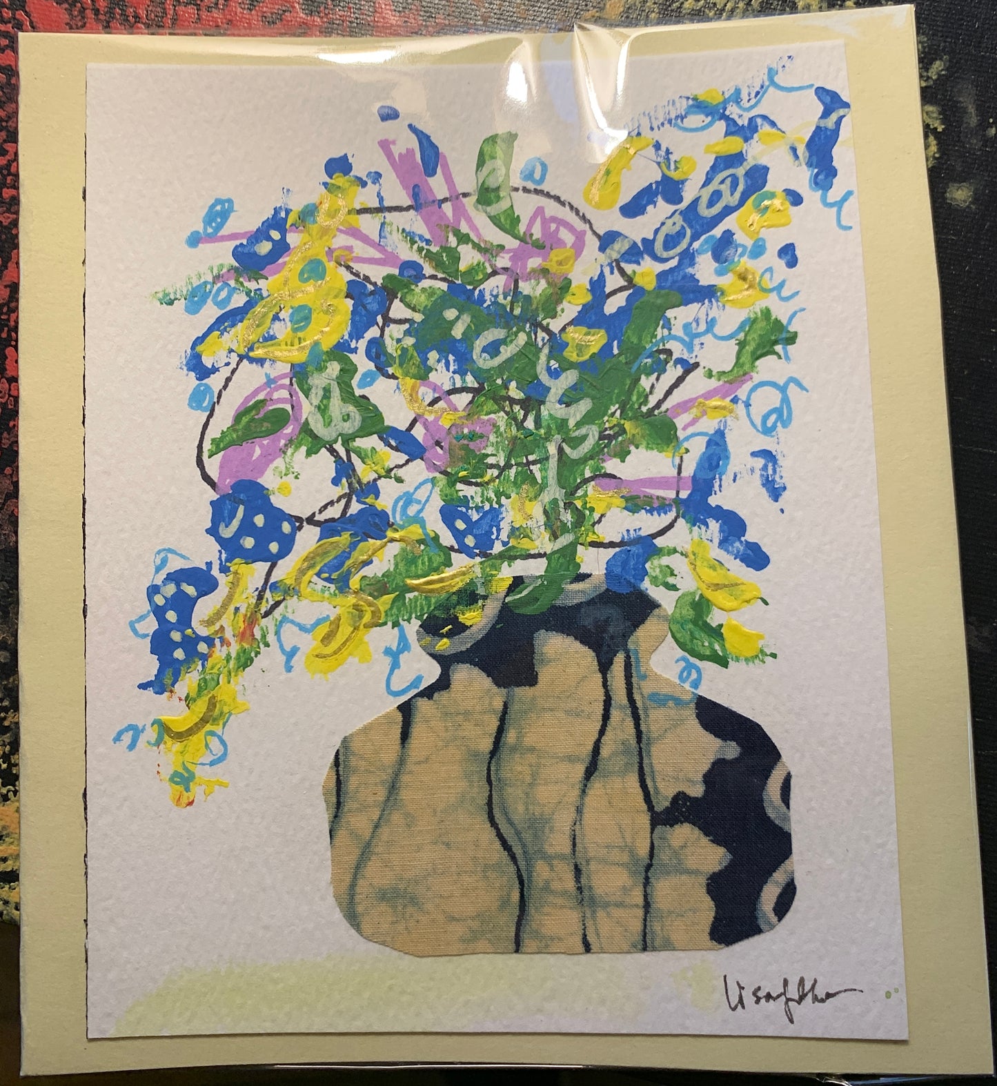 Floral Greeting Card 1, Abstract Original Multi-Media Painting