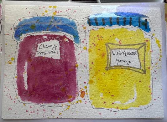 Jam Jar Greeting Card, Cherry Preserves & Wildflower Honey Painting