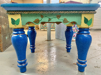 Moroccan Style Side Table with copper blue greens leaves showing view from side by Lisa Johnson Arts in Norwich Vermont