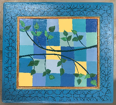 Moroccan Style Side Table with copper blue greens leaves showing view from above looking down on top surface, by Lisa Johnson Arts in Norwich Vermont
