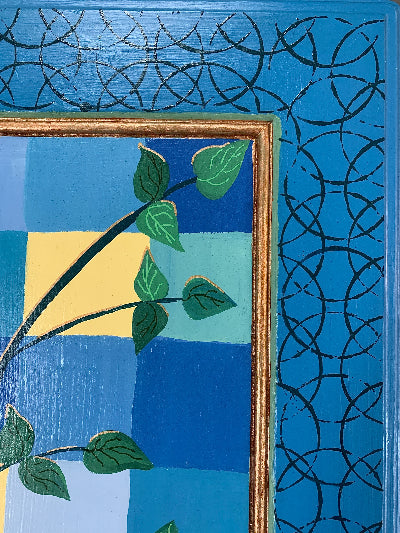 Moroccan Style Side Table with copper blue greens leaves showing one corner from top view by Lisa Johnson Arts in Norwich Vermont