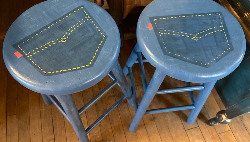 maple barstools painted into faux blue jeans design by Lisa Johnson Arts in Norwich Vermont