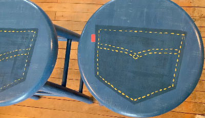 maple barstools painted into faux blue jeans design by Lisa Johnson Arts in Norwich Vermont