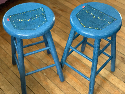 maple barstools painted into faux blue jeans design by Lisa Johnson Arts in Norwich Vermont