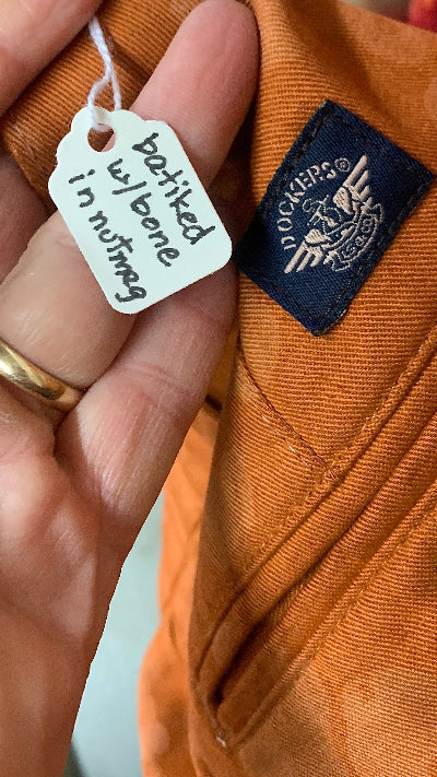 hand-written tag on vintage Dockers pants, dyed and batiked with honey brown dye