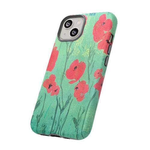 iPhone case w red poppies on green field original artwork by Lisa Johnson Arts in Norwich Vermont