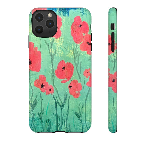 iPhone case w red poppies against green background - original artwork by Lisa Johnson Arts in Norwich Vermont