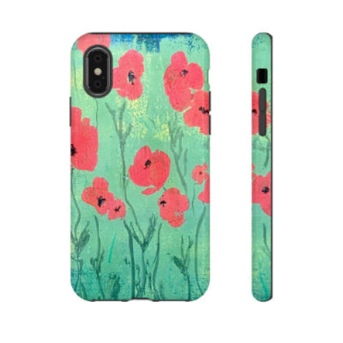 iPhone case w red poppies on green background - original artwork by Lisa Johnson Arts in Norwich Vermont