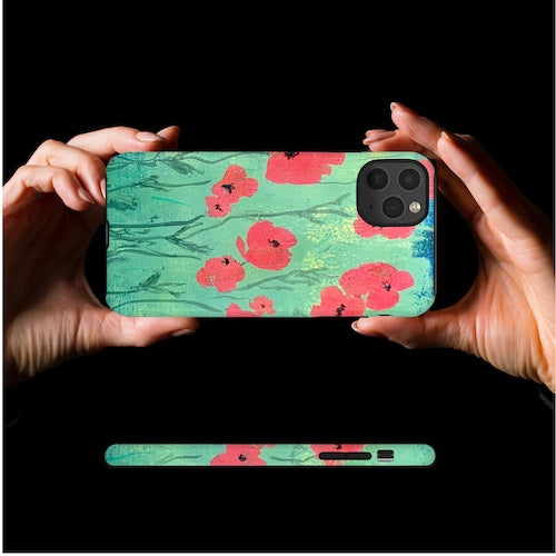 iPhone case w poppies original artwork held up against black background, by Lisa Johnson Arts in Norwich Vermont