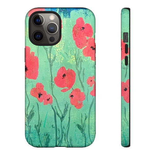 iPhone case w red poppies original artwork, one flat, one side view, by Lisa Johnson Arts in Norwich Vermont
