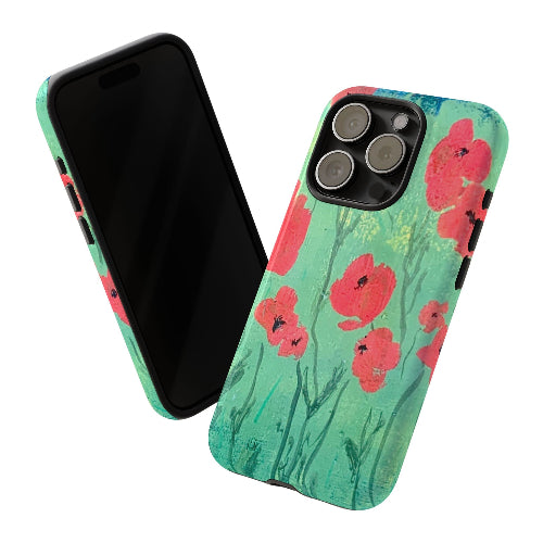 two iPhone case w red poppies original artwork by Lisa Johnson Arts in Norwich Vermont