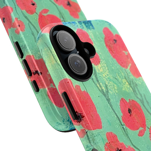 iPhone cases w red poppies original artwork pair closeup, by Lisa Johnson Arts in Norwich Vermont