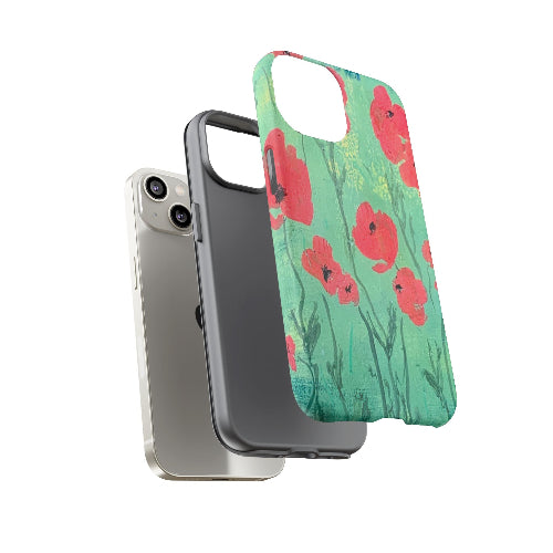 iPhone case separated into its 3 parts w poppies original artwork by Lisa Johnson Arts in Norwich Vermont