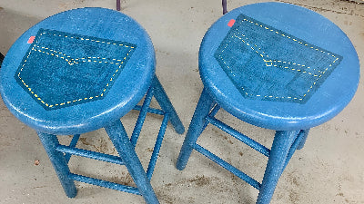 maple barstools painted into faux blue jeans design by Lisa Johnson Arts in Norwich Vermont